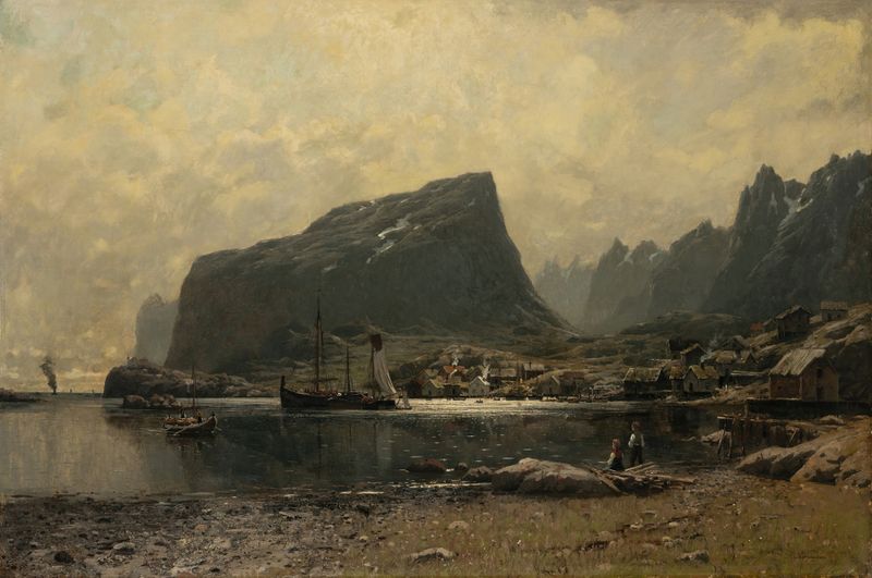 North Norwegian Coastal landscape by Adelsteen Normann, oil painting depicting a fjord and rugged cliffs.