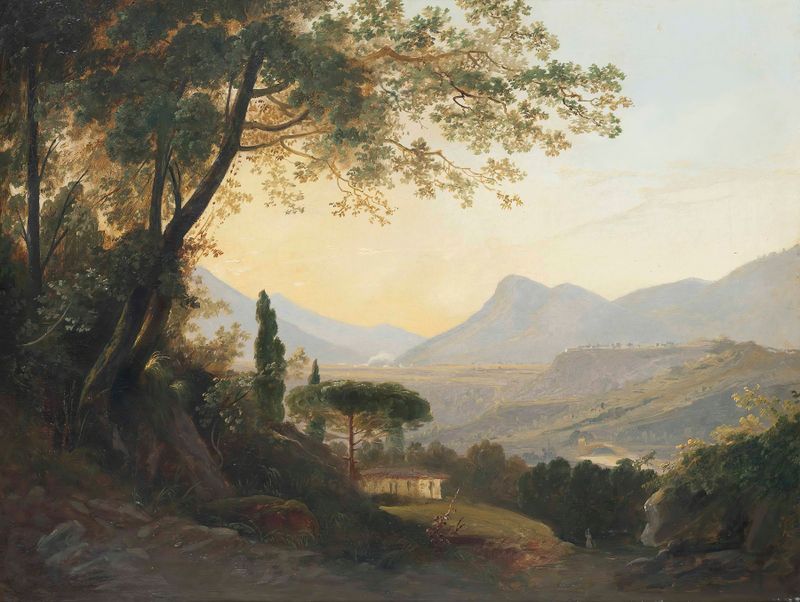 Pintura de paisaje al óleo de Julius Elsasser que representa un pueblo en verdes suaves y azules profundos.