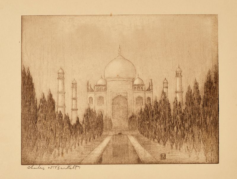 Watercolour by Charles Bartlett depicting the Taj Mahal with flowers and trees.