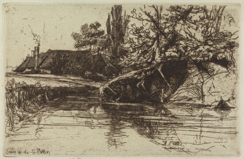 Engraving by Francis Seymour Haden depicting a tranquil landscape with a moat and house.