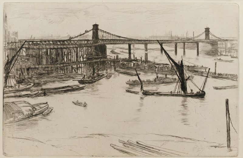 Old Hungerford Bridge de James Abbott McNeill Whistler, pintura a óleo que retrata uma ponte sobre um rio.