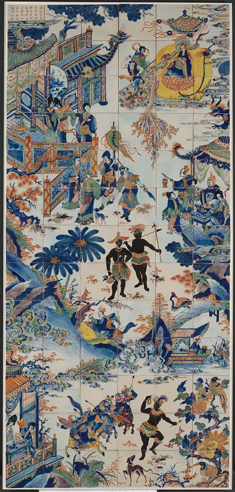 Painel de azulejos representando uma paisagem chinesa com Guanyin, artista desconhecido