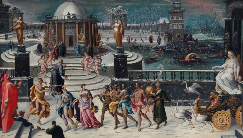 Le Triomphe de l’Hiver de Antoine Caron, óleo sobre lienzo que representa el frío invernal y una figura con ropas fluidas.