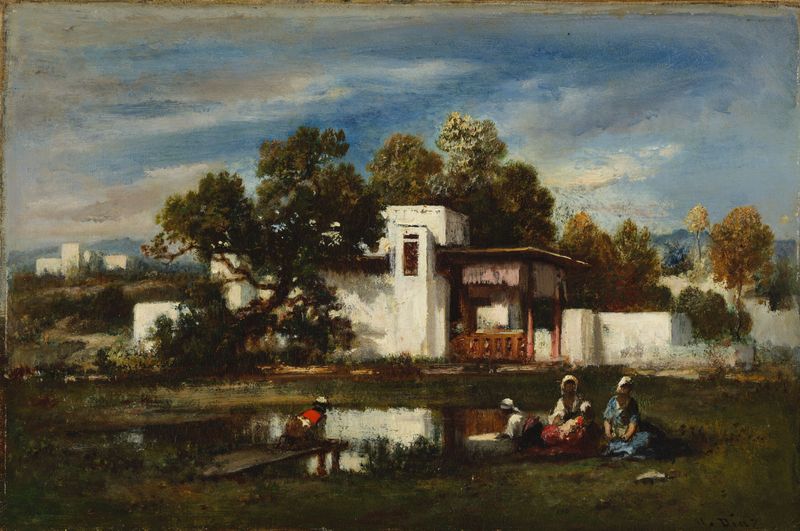 Landscape with Figures by Narcisse Virgile Diaz de la Peña, oil on canvas depicting a couple in nature.
