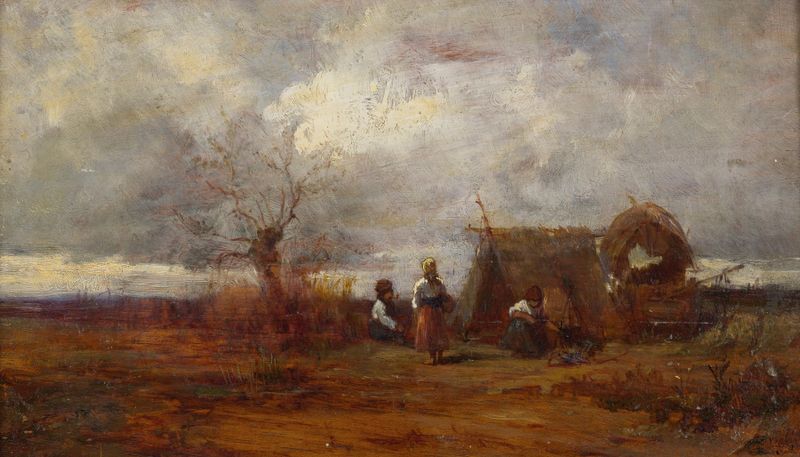 Gypsy Camp by Géza Mészöly, oil on canvas depicting a gypsy camp in a landscape.
