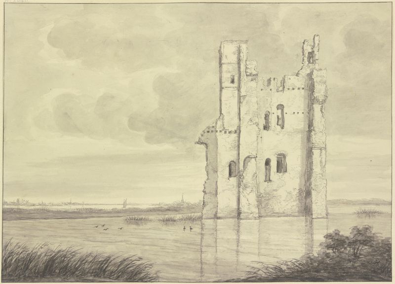 Paisaje con una torre reflejada en el agua de Roelant Roghman, pintura al óleo