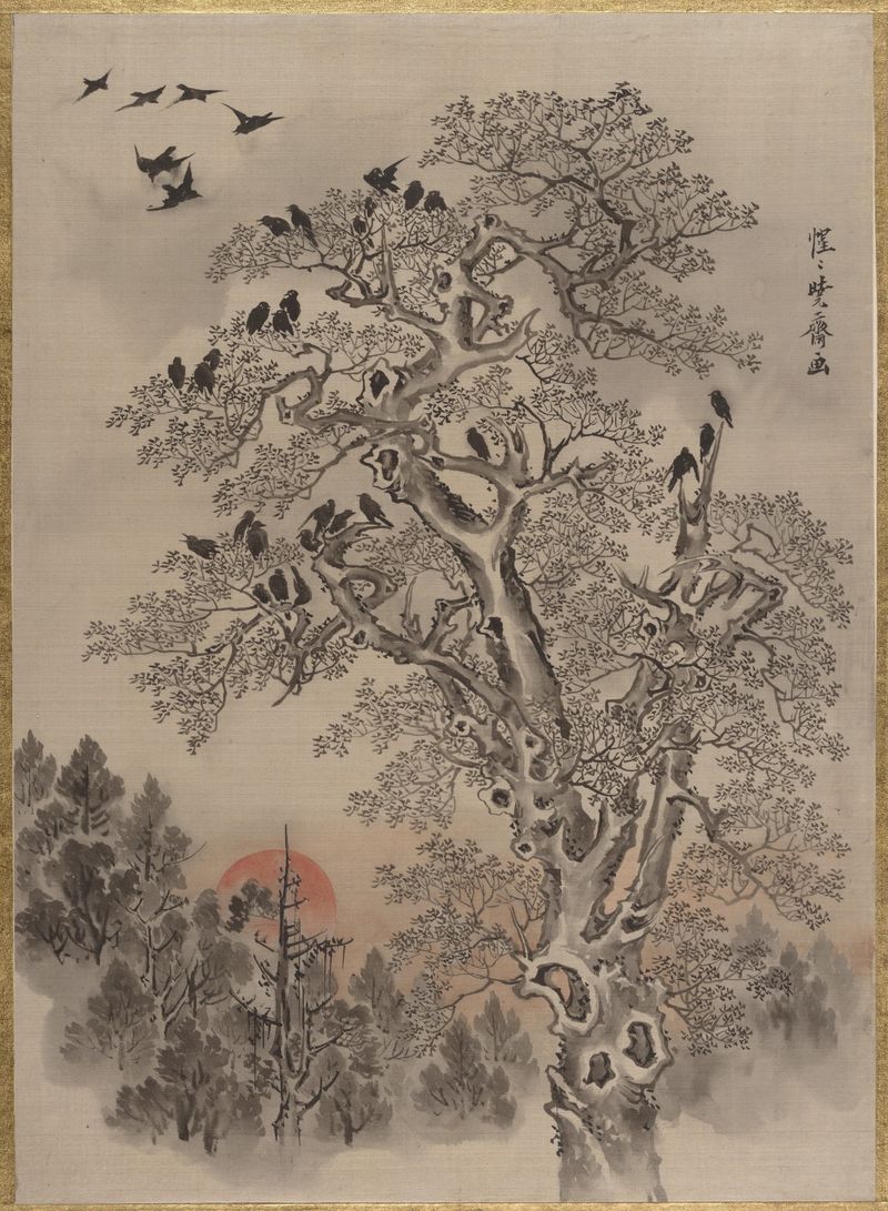 Ukiyo-e of crows in flight at dawn by Kawanabe Kyōsai