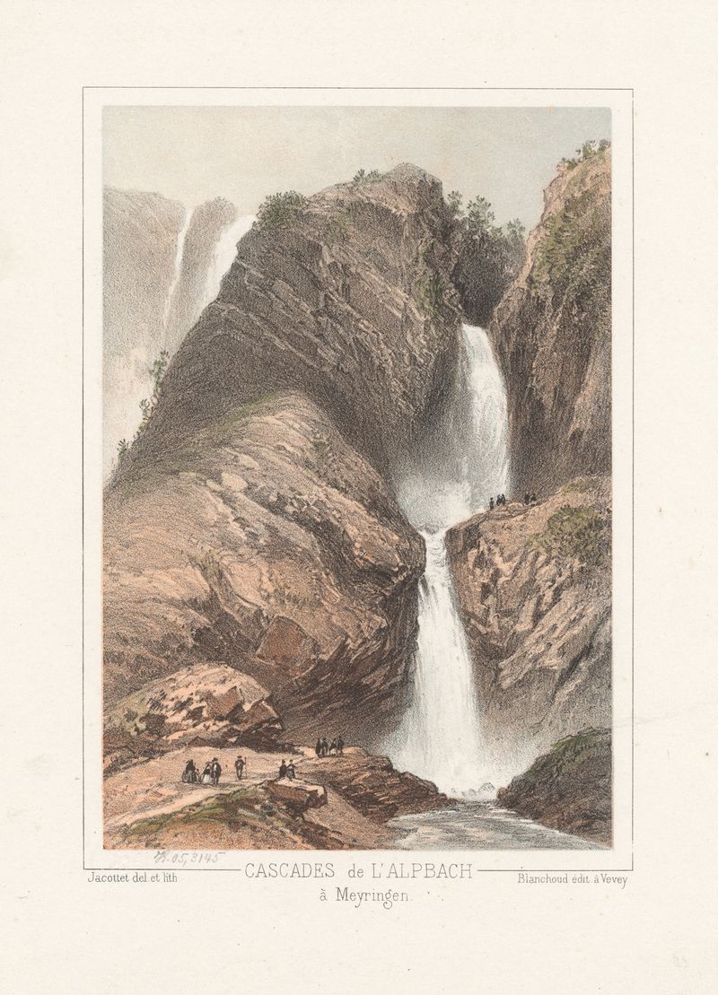 Cascades de l’Alpbach à Meyringen de Jean Jacottet, pintura al óleo que muestra una cascada y vegetación exuberante.