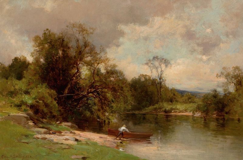 Gone Fishing by George Henry Smillie, oil on canvas depicting a fisherman by a tranquil lake.