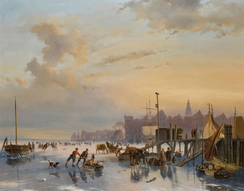 Patinadores no gelo em Amsterdã de Nicolaas Johannes Roosenboom, pintura a óleo