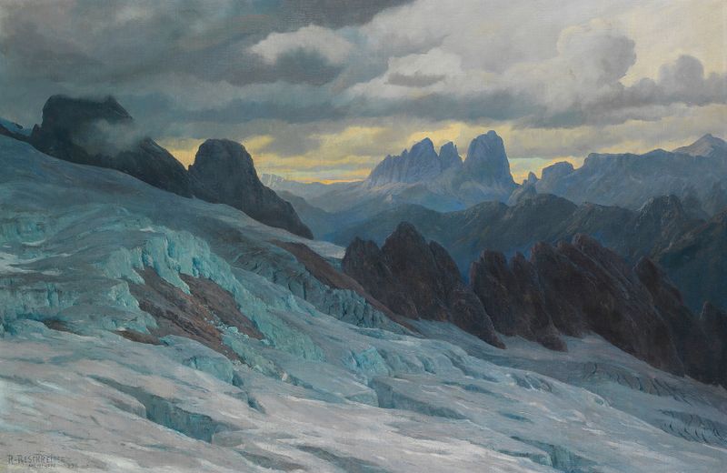 Landscape of mountains in In den Dolomiten by Rudolf Reschreiter, oil painting