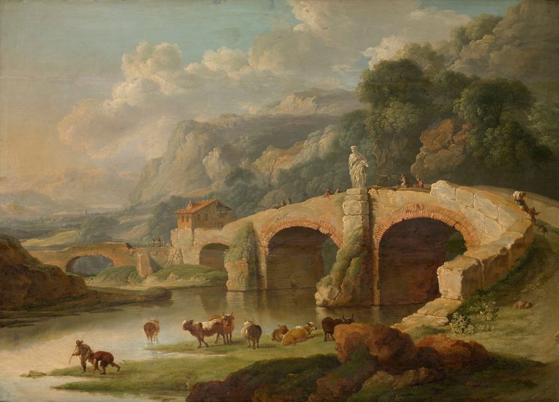 Italian Landscape by Christian Wilhelm Ernst Dietrich, oil on canvas showing rolling hills and lush greenery.