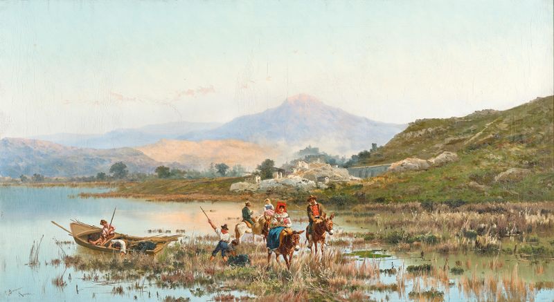 A fisherman’s family by Lake Fucino, oil on canvas by Pietro Barucci