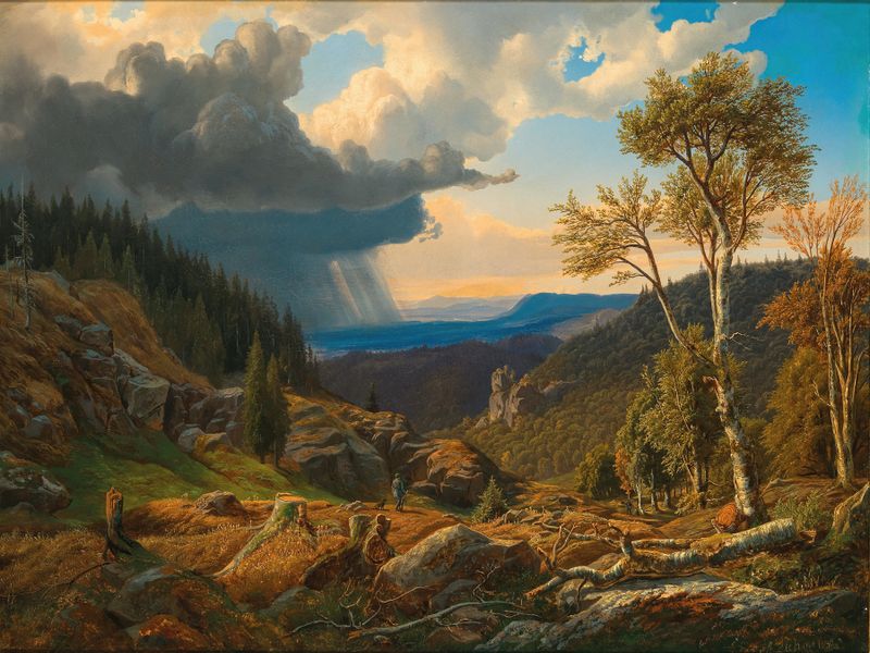 Paisagem retratando clima tempestuoso de Anton Liehm, pintura a óleo