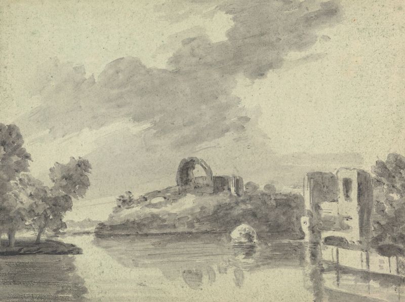 Acuarela de William Gilpin que muestra una vista de río con ruinas y reflejos.