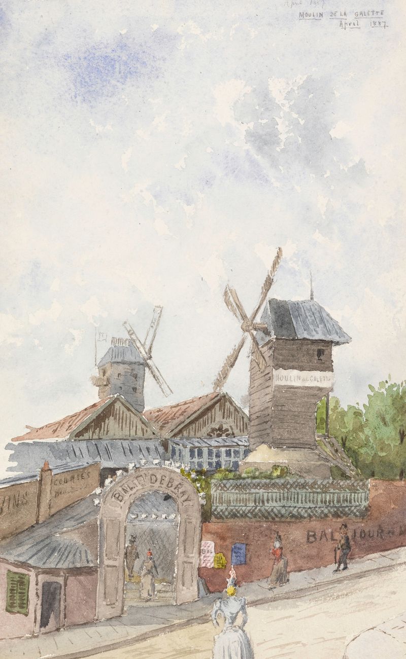 Moulin De La Galette, Paris de Whitney Warren Jr., óleo sobre tela retratando figuras em um parque.