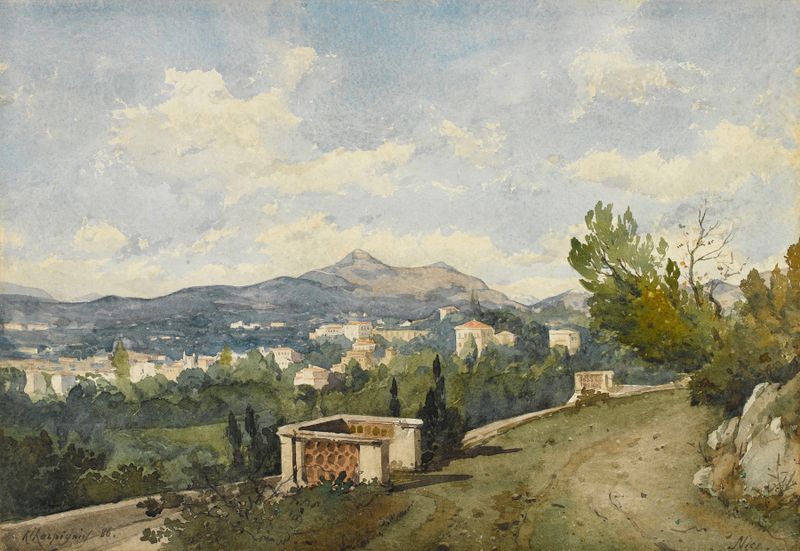 Vue de Nice, óleo sobre lienzo de Henri-Joseph Harpignies, que representa una costa serena al atardecer.