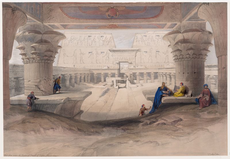 Pintura a óleo de David Roberts mostrando o Templo de Edfu com colunas altas