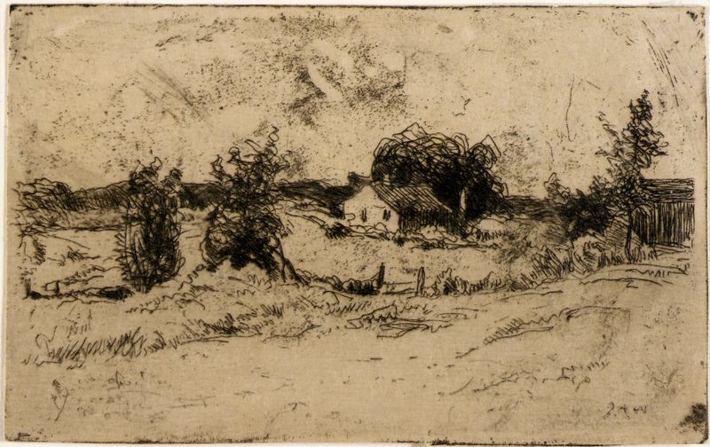 The Farm de Julian Alden Weir, pintura al óleo impresionista de campos de trigo dorados.