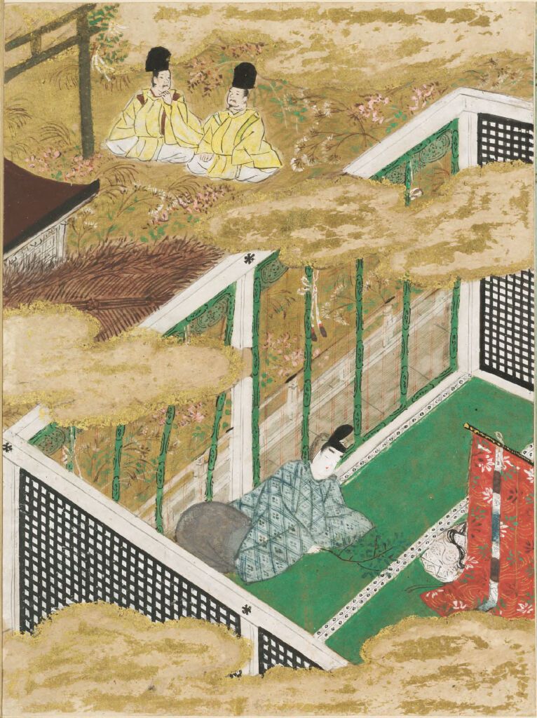 Ilustración dorada de Tosa Mitsunobu con una mujer en un kimono sosteniendo una rama verde.
