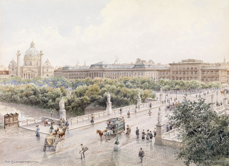 Wien Elisabethbrücke by Richard Moser, oil on canvas depicting a river and bridge