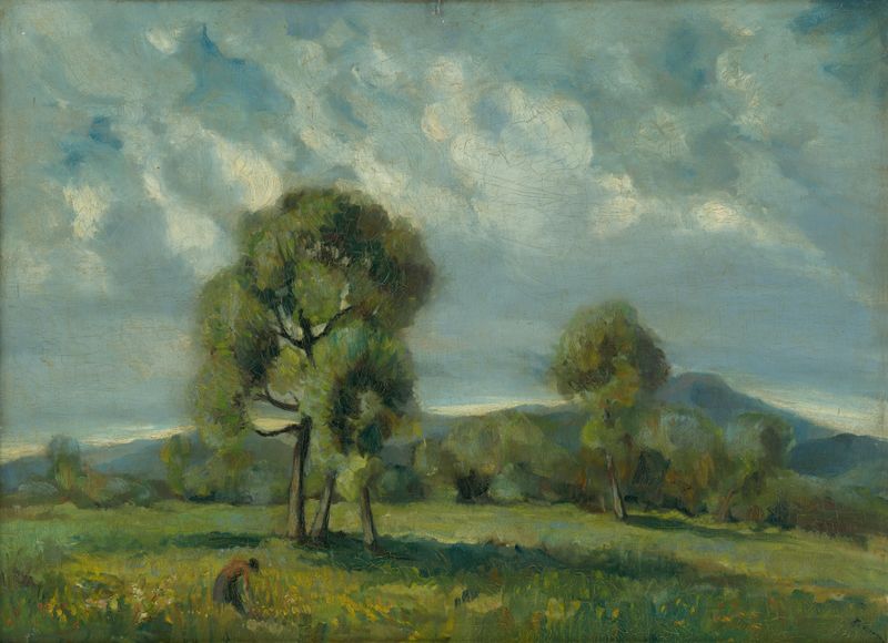 Liptov Landscape with Trees de Zolo Palugyay, pintura a óleo que retrata árvores verdes e colinas.