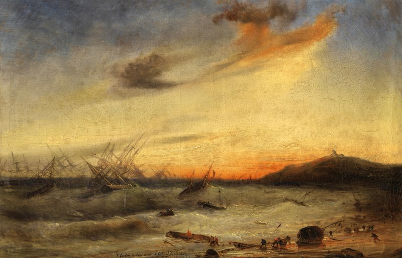 Bataille navale de Théodore Gudin, óleo sobre lienzo que muestra una batalla naval con olas turbulentas.