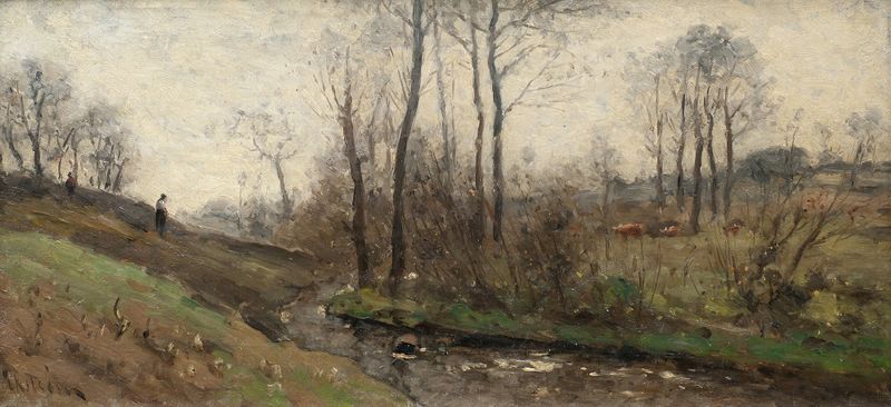 Landscape with a Running Brook, oil painting by Per Ekström, depicting a brook in a serene landscape.