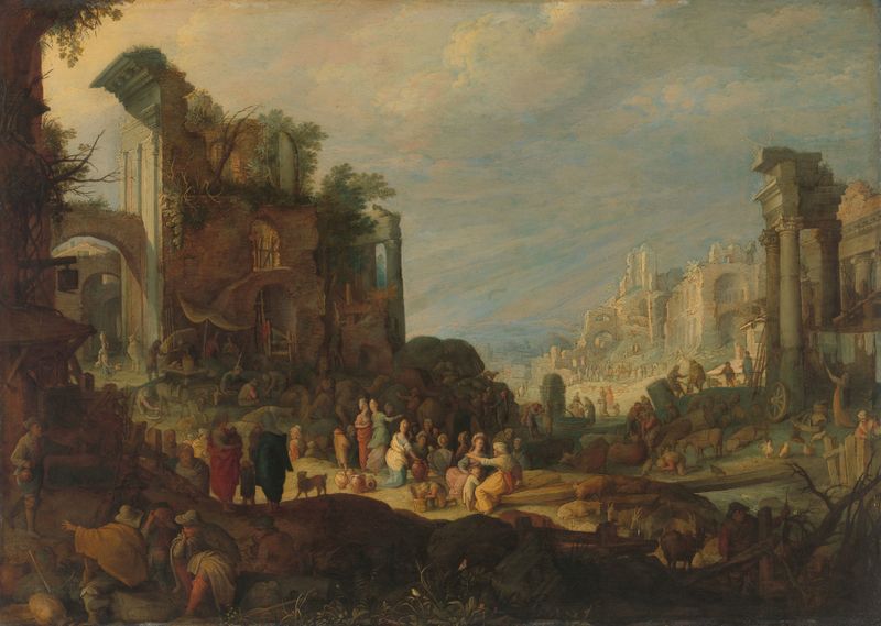 Historical scene with Rebecca and Eliezer at a well, oil painting by Willem van Nieulandt the younger