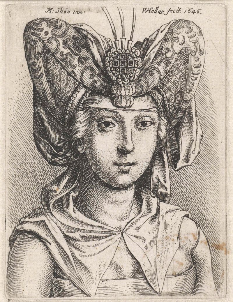 Retrato de una mujer con un tocado en forma de V, grabado de Wenceslaus Hollar