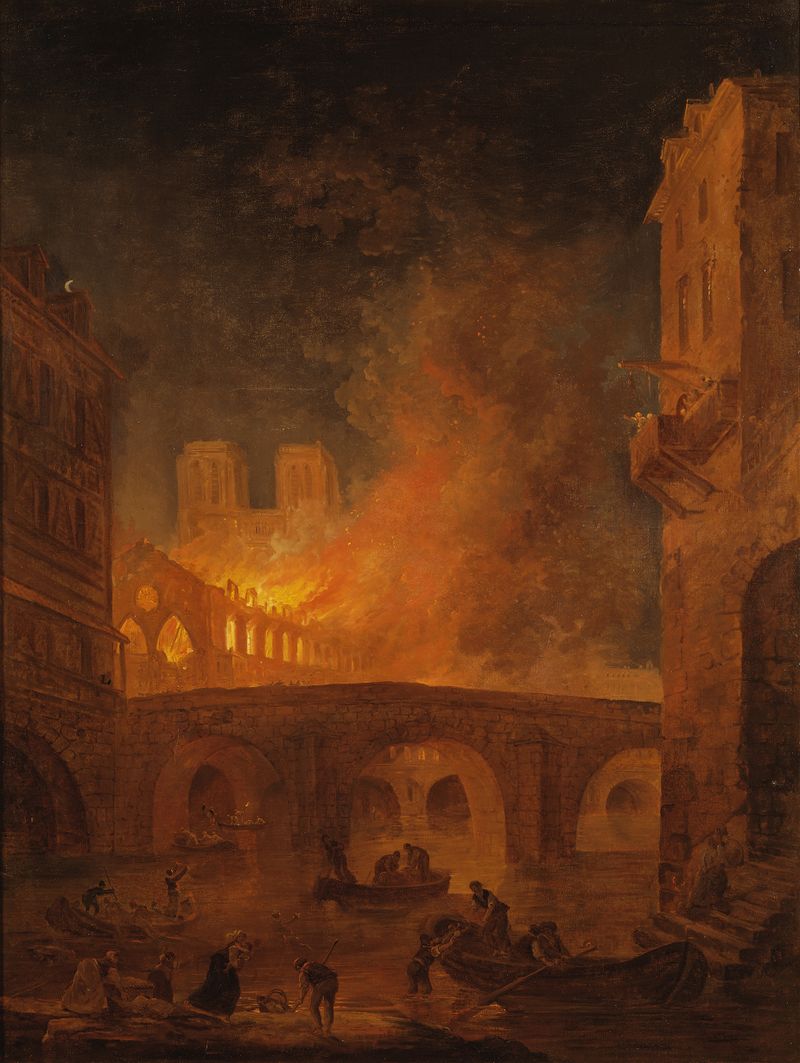 El fuego del Hôtel-Dieu en París, óleo sobre lienzo de Hubert Robert, mostrando ruinas iluminadas por la luz del fuego.