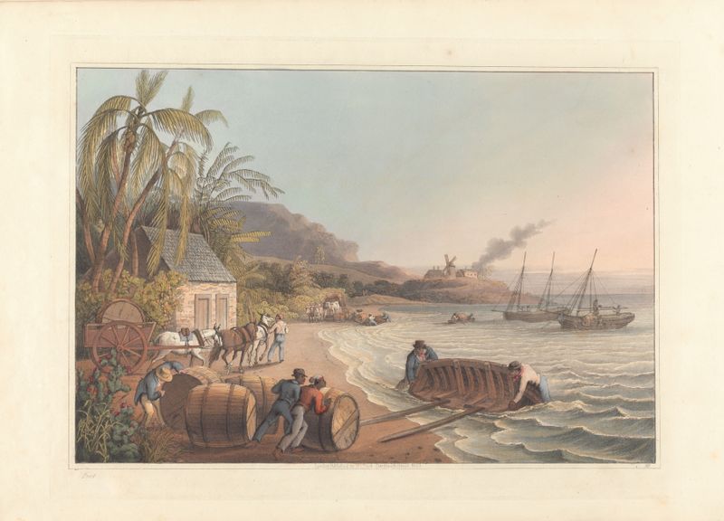 Genre scene depicting workers carting sugar-hogsheads by William A. V. Clark