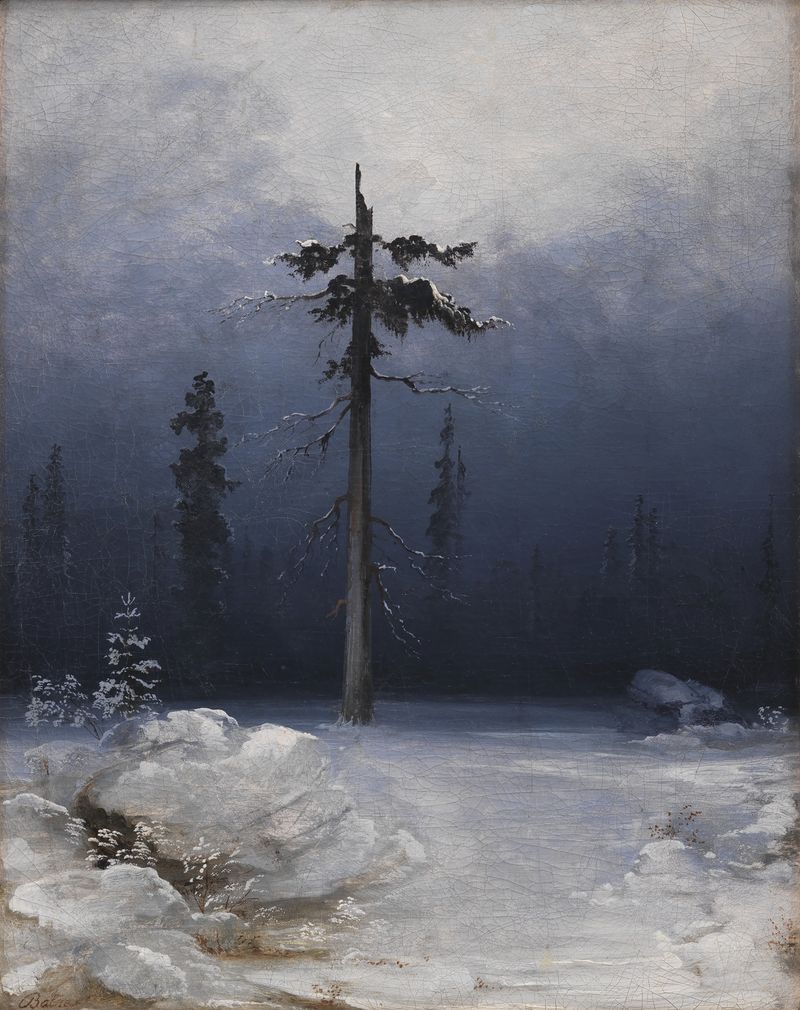 Tree in a wintry forest by Peder Balke, oil painting of a silhouette against snow.