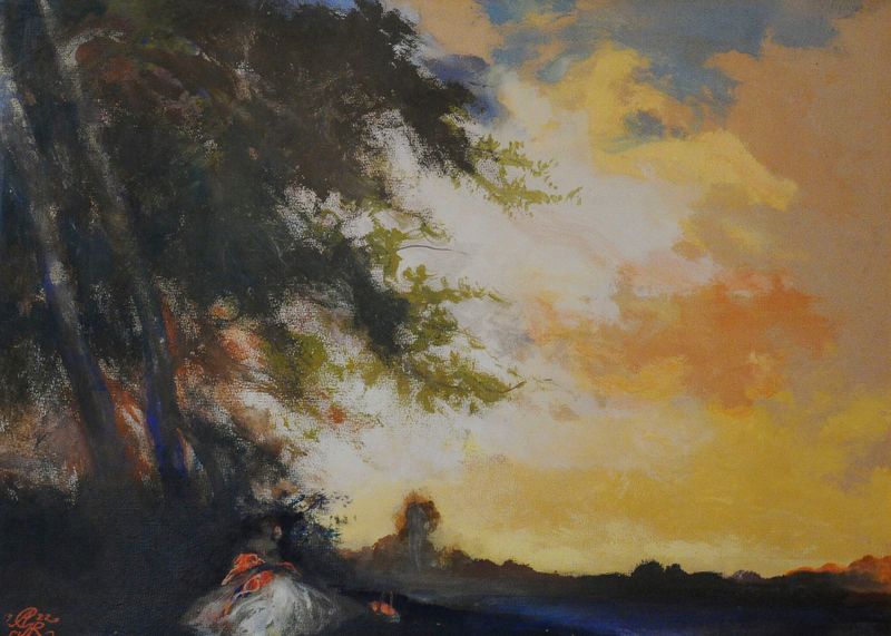 Idyll by Antoni Gawiński, impressionism, depicting a tranquil landscape with sunlight and a pond.