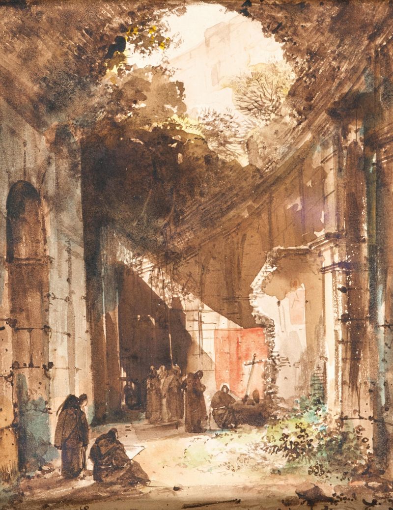 Monks in the Colosseum by François-Marius Granet, oil painting depicting monks in sunlight against ancient ruins.
