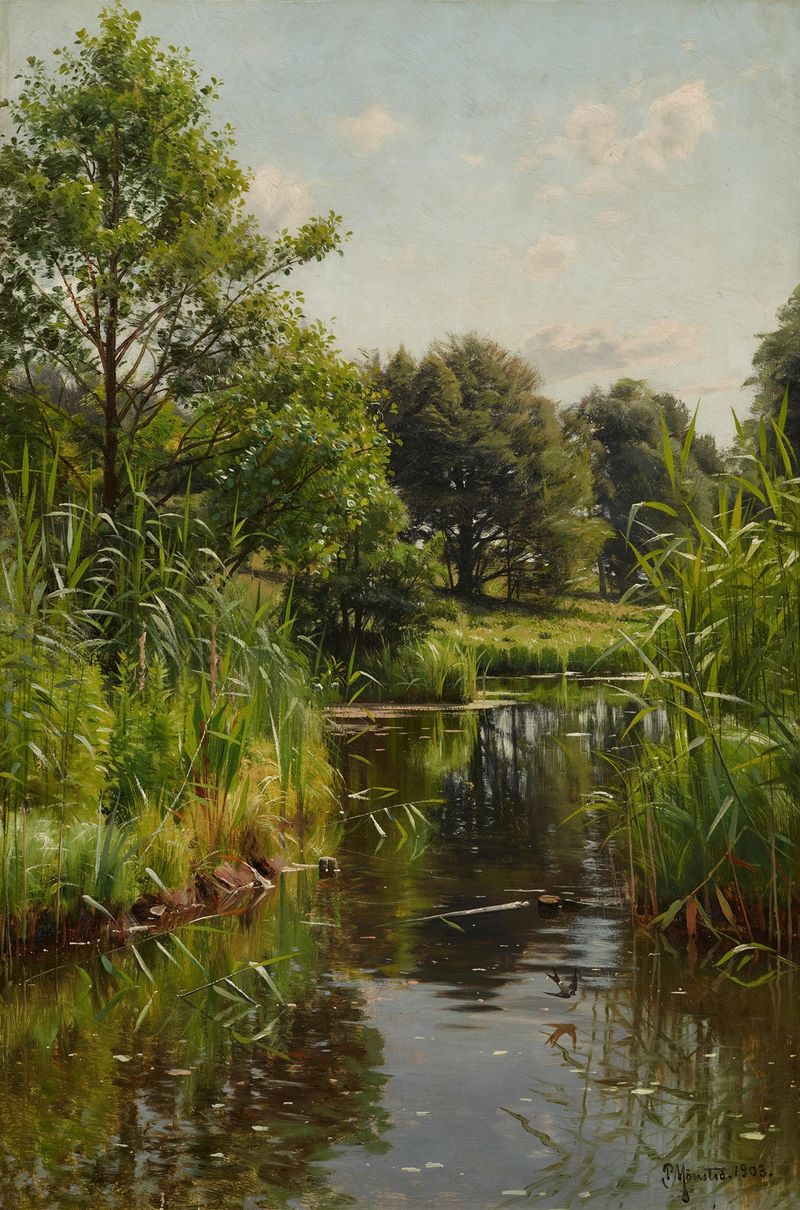 Paisaje impresionista con juncos de Peder Mørk Mønsted