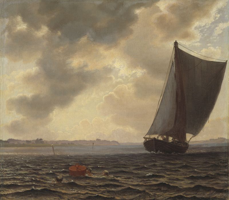 Sailing Boats in Guldborg Sound by Vilhelm Kyhn, oil painting depicting boats on water.