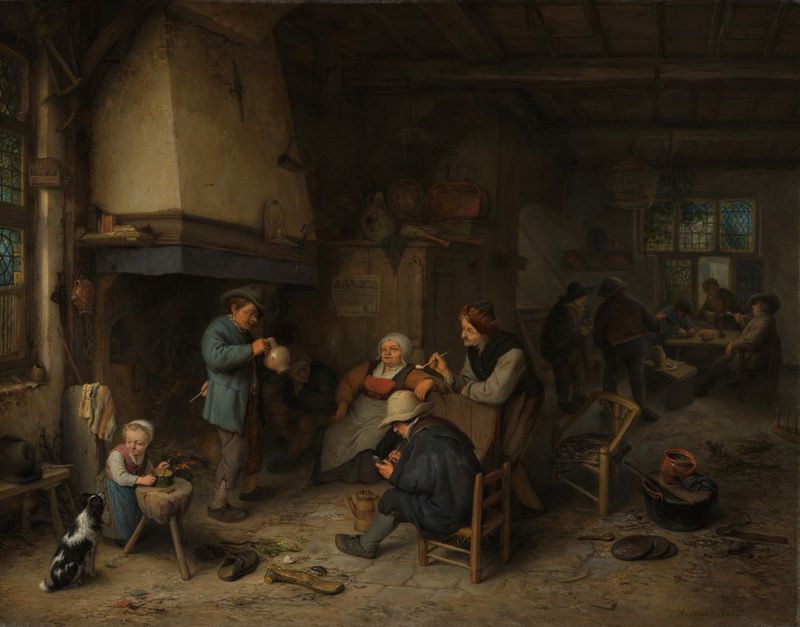 Interior scene with peasants discussing, a child eating soup, and a dog watching, oil on copper by Adriaen van Ostade