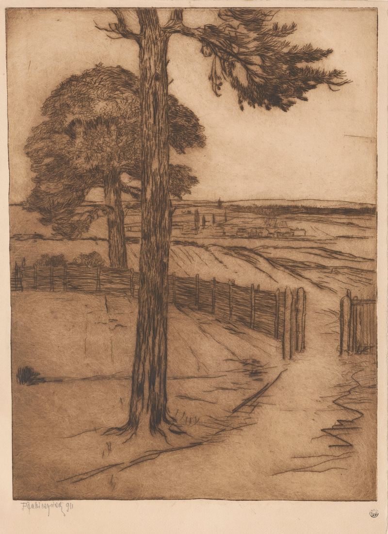 Oil painting by Feliks Jabłczyński depicting pines against a rural landscape.