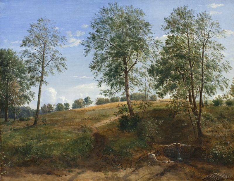 The Caroline Spring at Næsby on Funen by Dankvart Dreyer, oil on canvas depicting a tranquil landscape with water.
