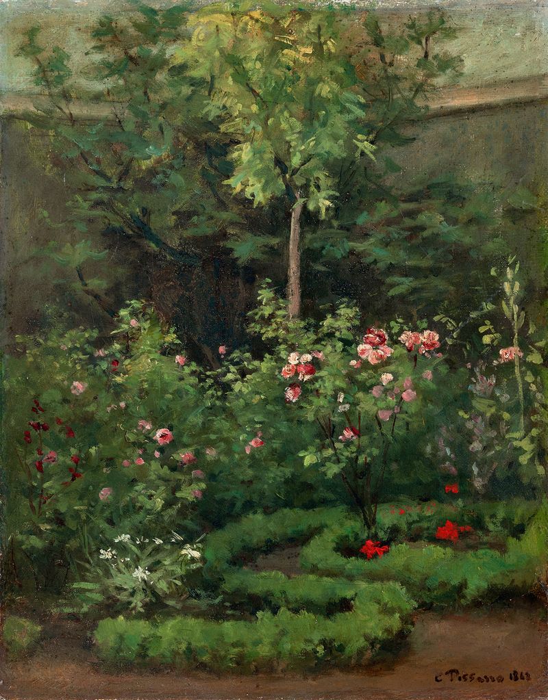Cena botânica com rosas e uma mulher em um jardim, pintura a óleo de Camille Pissarro