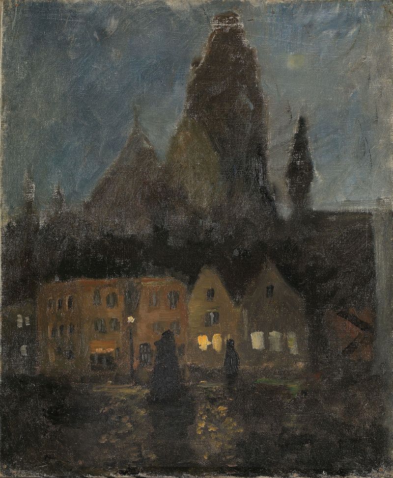 Evening in Dieppe by Frits Thaulow, oil painting depicting a harbor at sunset