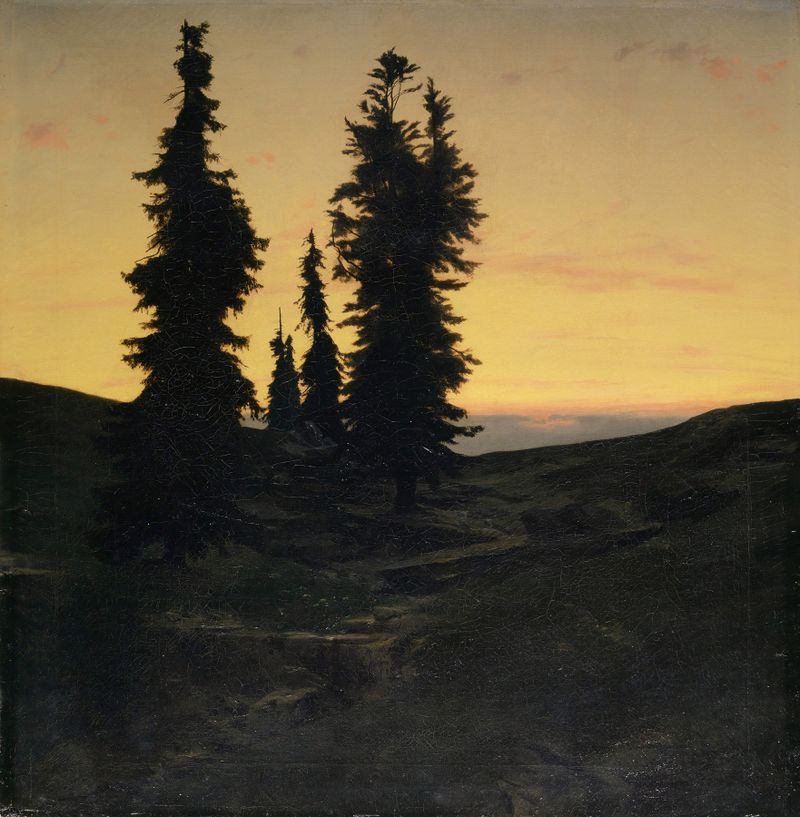 Fir Trees de Arnold Böcklin, óleo sobre tela que retrata pinheiros escuros contra um céu luminoso.