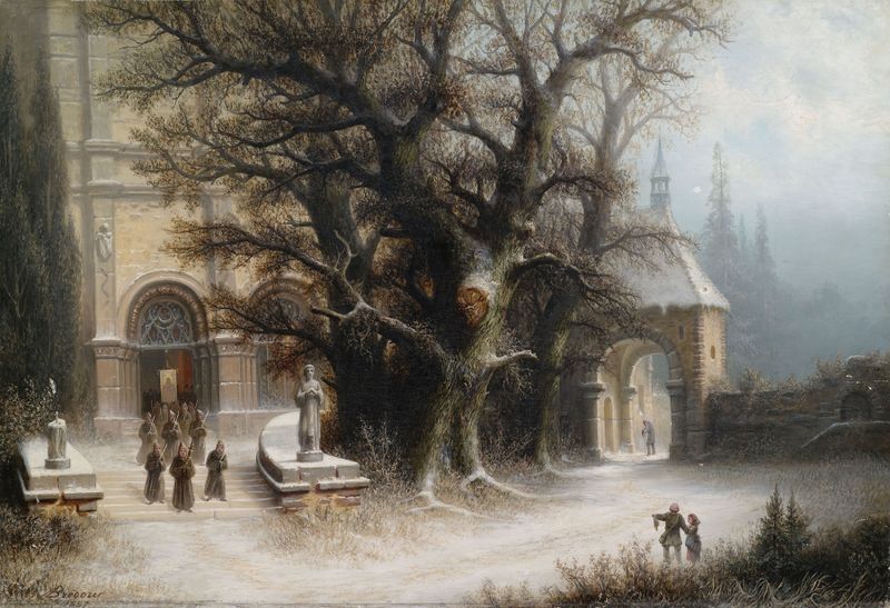 Procession at a Snowy Monastery by Albert Bredow, oil painting depicting monks walking through snow