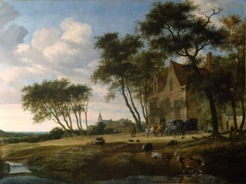 Paisagem com árvores e rio, óleo sobre tela de Salomon van Ruysdael