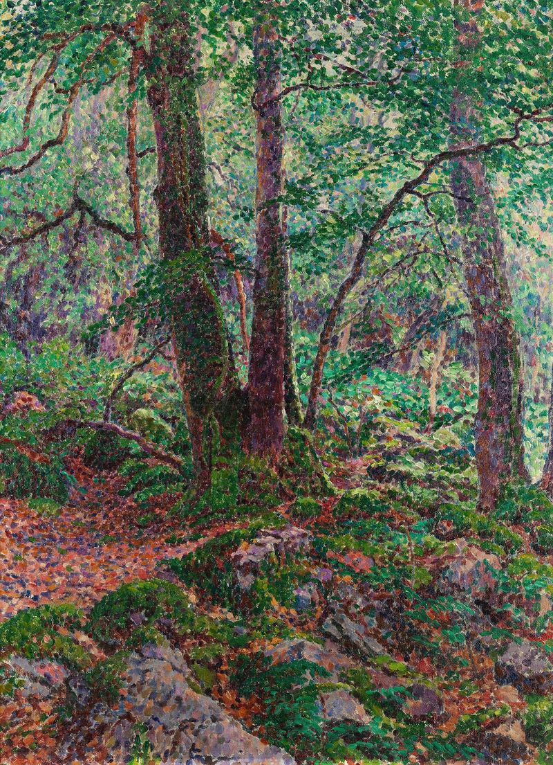 Foret de Georges Lacombe, óleo sobre lienzo que representa un claro iluminado por el sol en un bosque en otoño