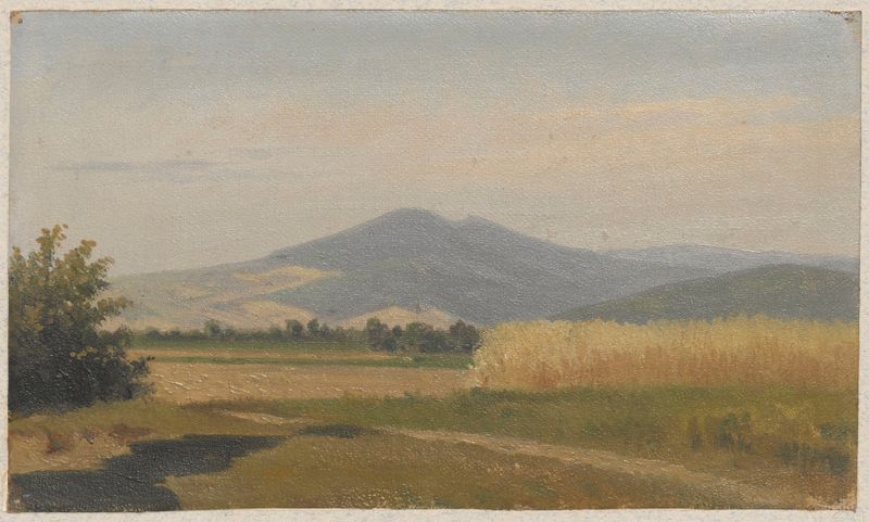 Paisagem de campos de fazenda e Monte Śnieżka, óleo sobre tela de Arthur Blaschnik