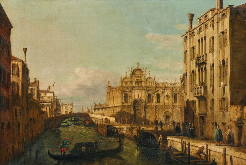 Oil on canvas by Francesco Zanin depicting a Venetian canal with the Scuola di San Marco.