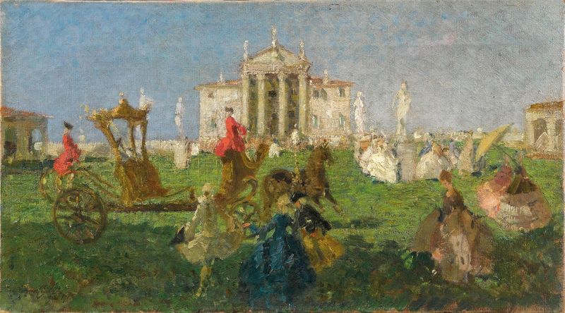 Kutschenfahrt vor der Villa Capra by Emma Ciardi, oil on canvas depicting a carriage near a villa at sunset.