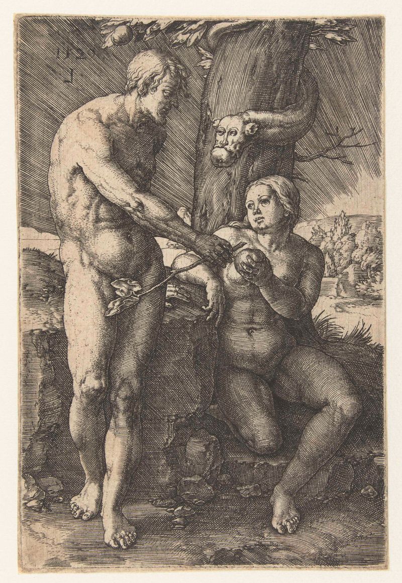 Grabado de Lucas van Leyden que representa a Adán y Eva en un jardín exuberante.